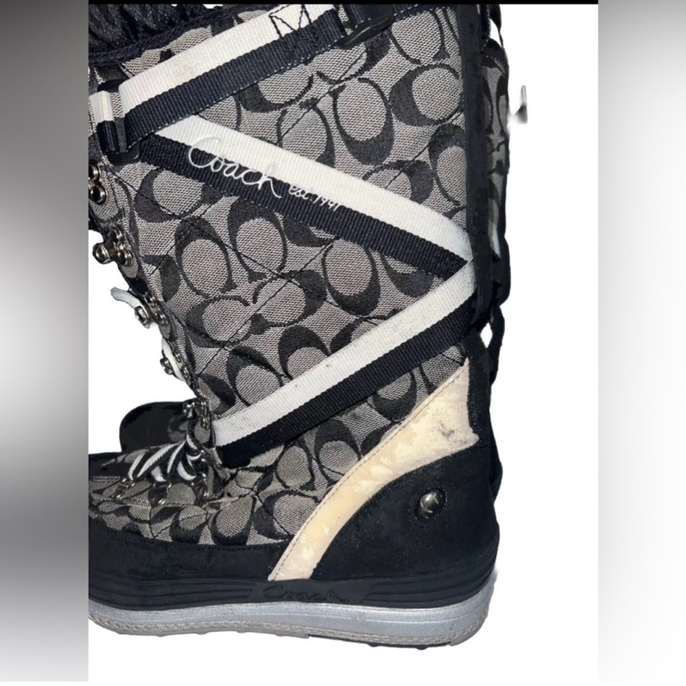 COACH Marian Lace Up Monogram Logo Insulated Mid Calf Boot Size 10 Black Cream - Picture 3 of 8